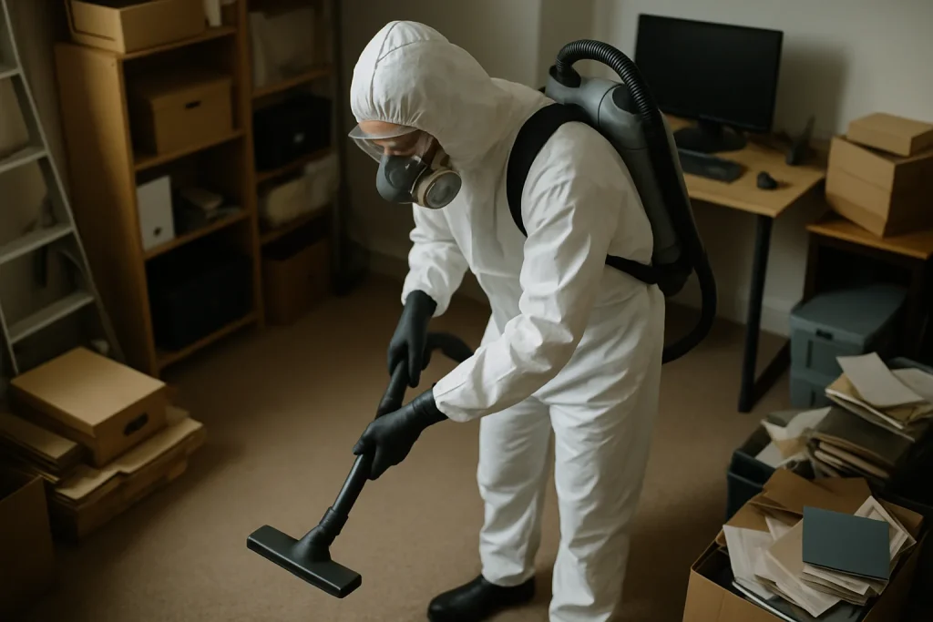 Technicien en combinaison intégrale nettoyant une pièce encombrée avec soin
