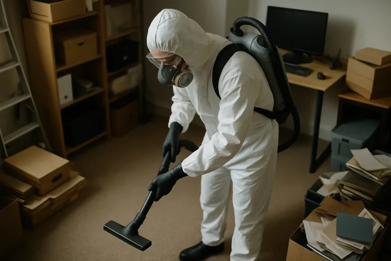 Technicien en combinaison intégrale nettoyant une pièce encombrée avec soin