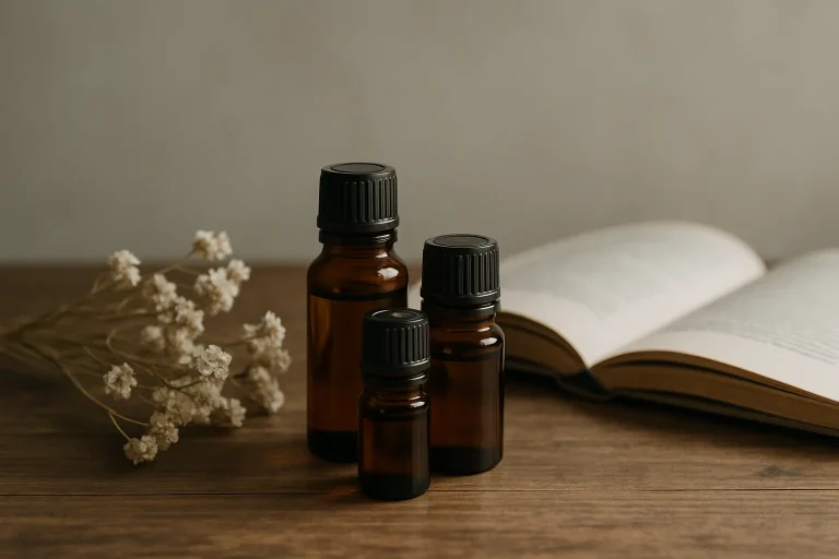 Bouteilles d'huiles essentielles, fleurs séchées et livre ouvert sur une table.