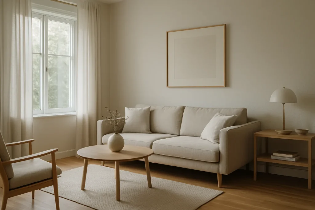 Salon moderne et bien éclairé avec une grande fenêtre, décor épuré et paisible
