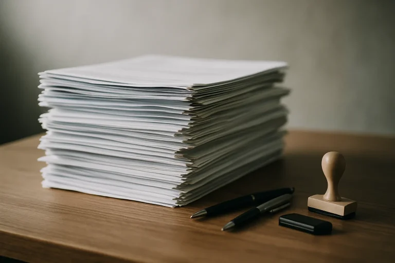 Pile de documents administratifs sur une table en bois avec stylos et tampons