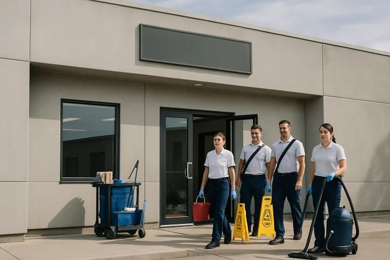 Façade et entrée d'une entreprise de nettoyage spécialisée avec une équipe active