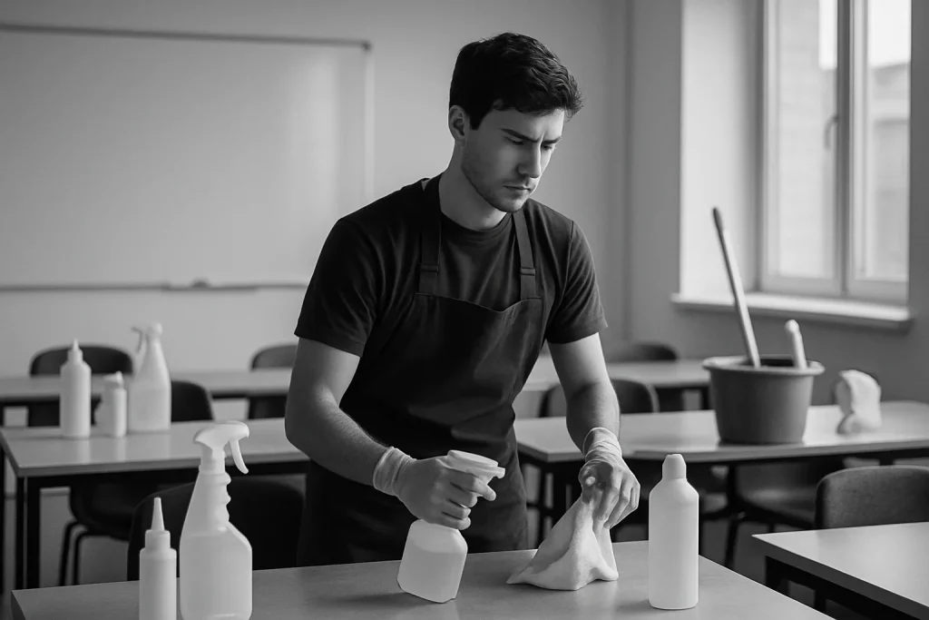 Techniciens en formation avec équipement de nettoyage, salle de classe en noir et blanc.