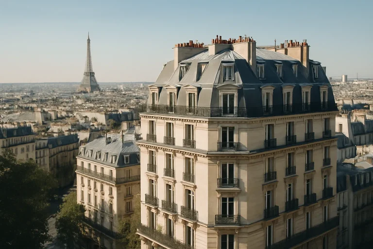 Vue aérienne d'un bâtiment résidentiel à Paris sous un ciel bleu.