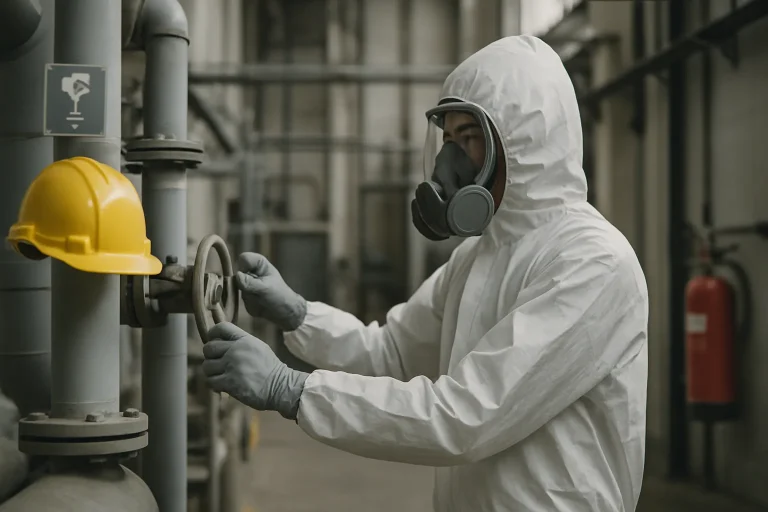 Technicien portant une combinaison de protection intégrale dans un environnement de nettoyage après décès
