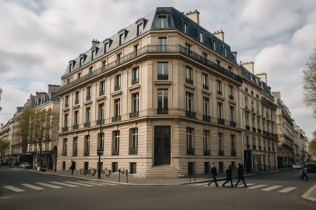 Bâtiment administratif à Paris sous ciel nuageux, capturant l'activité de rue.