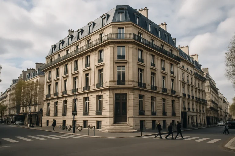 Bâtiment administratif à Paris sous ciel nuageux, capturant l'activité de rue.