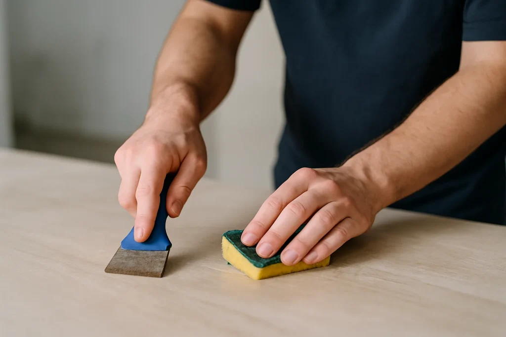 Mains utilisant des outils ménagers pour nettoyer après un décès, lumière neutre