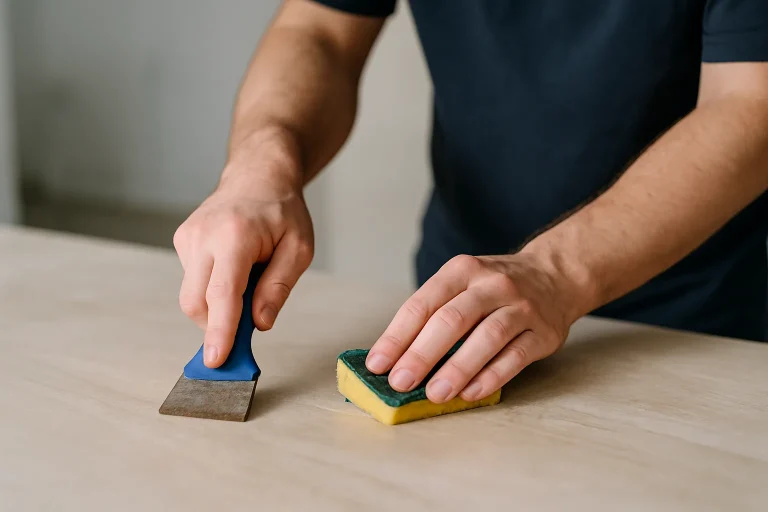 Mains utilisant des outils ménagers pour nettoyer après un décès, lumière neutre