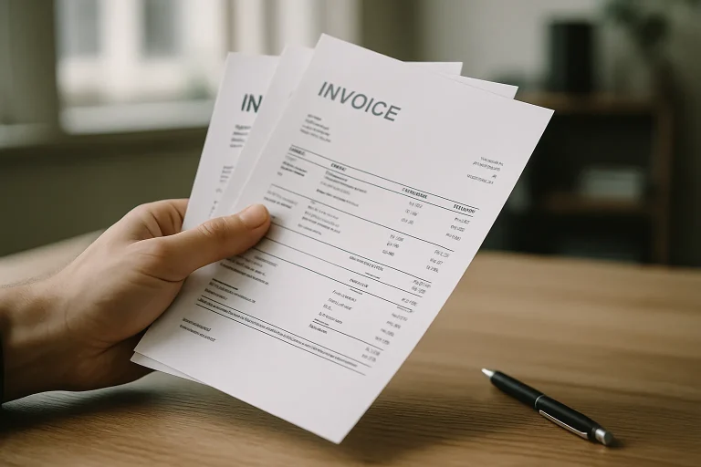 Main tenant plusieurs devis papier sur une table en bois avec stylo à côté