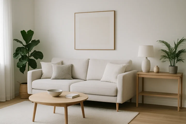 Salon moderne et propre avec décoration minimaliste, lumière douce