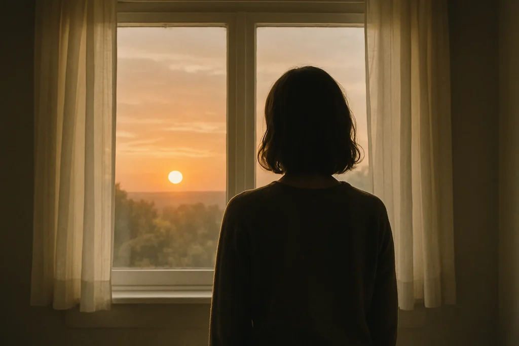 Silhouette de dos d'une personne regardant un coucher de soleil à travers une fenêtre, intérieur calme.