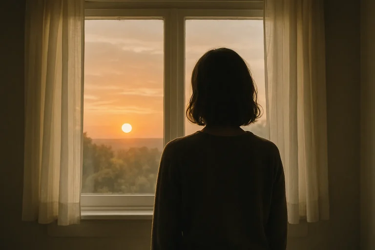 Silhouette de dos d'une personne regardant un coucher de soleil à travers une fenêtre, intérieur calme.