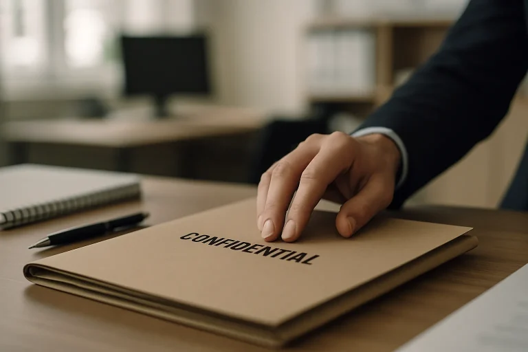 Main fermant un dossier confidentiel sur un bureau, symbolisant la discrétion.