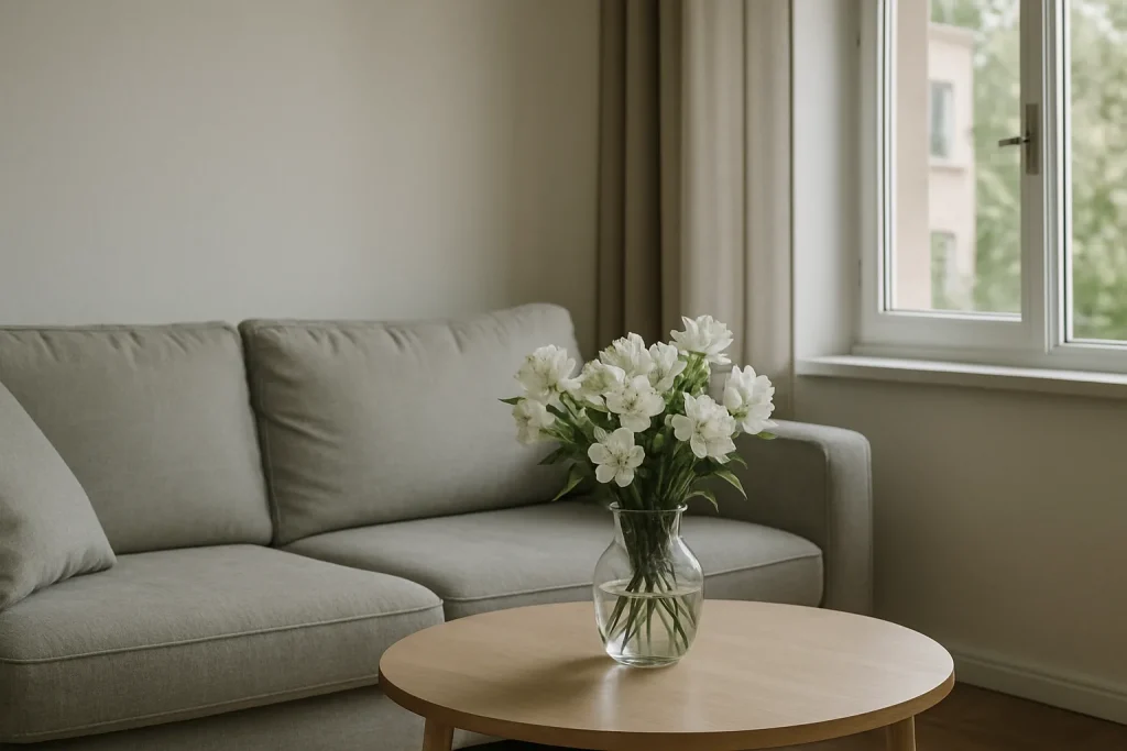 Salon avec fleurs blanches sur une table, fenêtre ouverte en arrière-plan, éclairé naturellement