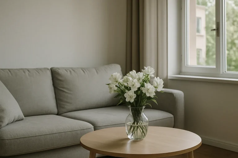 Salon avec fleurs blanches sur une table, fenêtre ouverte en arrière-plan, éclairé naturellement