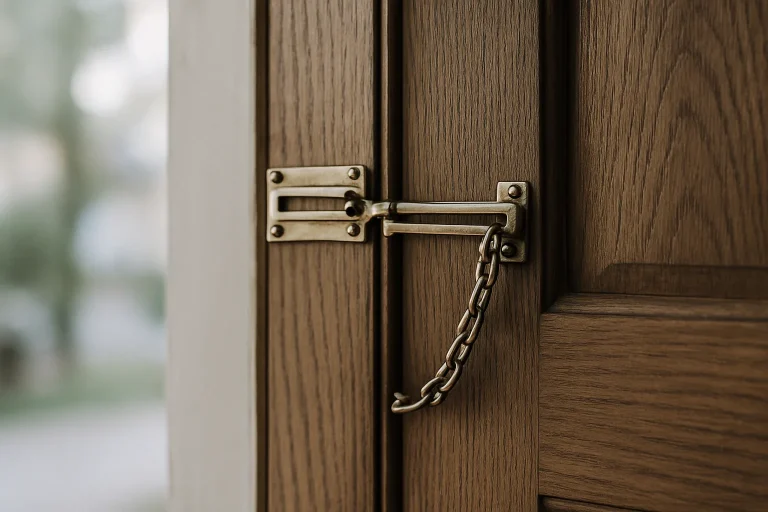 Gros plan d'une porte avec chaîne de sécurité à moitié fermée, lumière naturelle