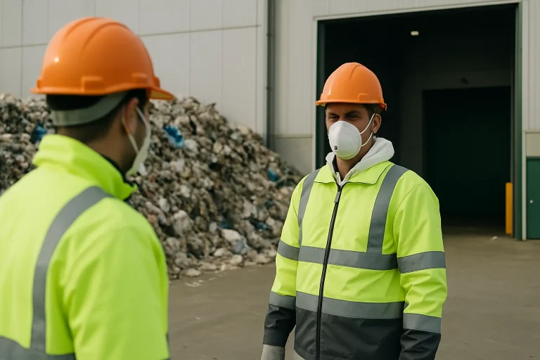 Travailleurs en équipement de protection devant un centre de traitement des déchets