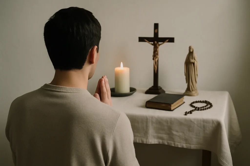 Personne en prière devant un autel, lumière douce, objets religieux visibles
