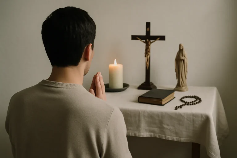 Personne en prière devant un autel, lumière douce, objets religieux visibles