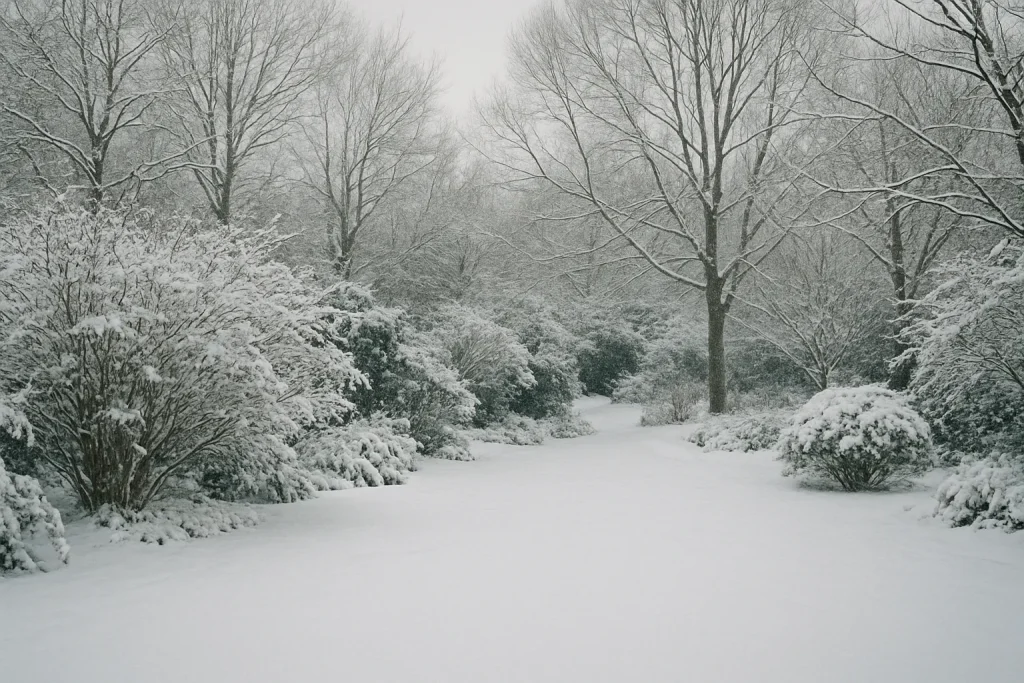 Jardin enneigé avec arbres dénudés, neige fraîche et lumière du jour