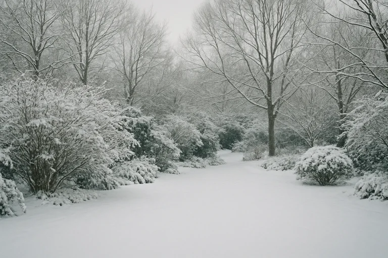 Jardin enneigé avec arbres dénudés, neige fraîche et lumière du jour