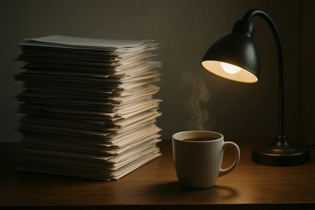 Documents empilés sur un bureau avec une tasse de café et une lampe allumée.
