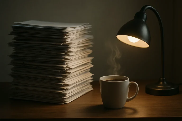 Documents empilés sur un bureau avec une tasse de café et une lampe allumée.