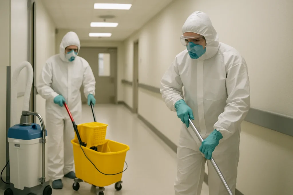 Deux techniciens en tenues de protection nettoient un couloir d'hôpital, lumière neutre.