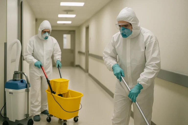 Deux techniciens en tenues de protection nettoient un couloir d'hôpital, lumière neutre.