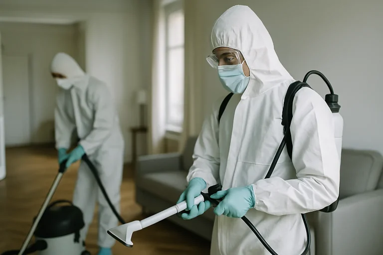 Techniciens en protection utilisant des équipements spécialisés pour nettoyage après décès