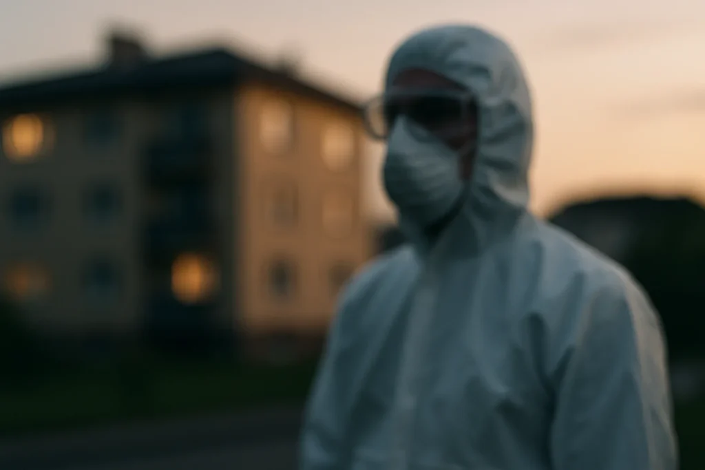 Silhouette floue d'un technicien en protection devant un bâtiment résidentiel