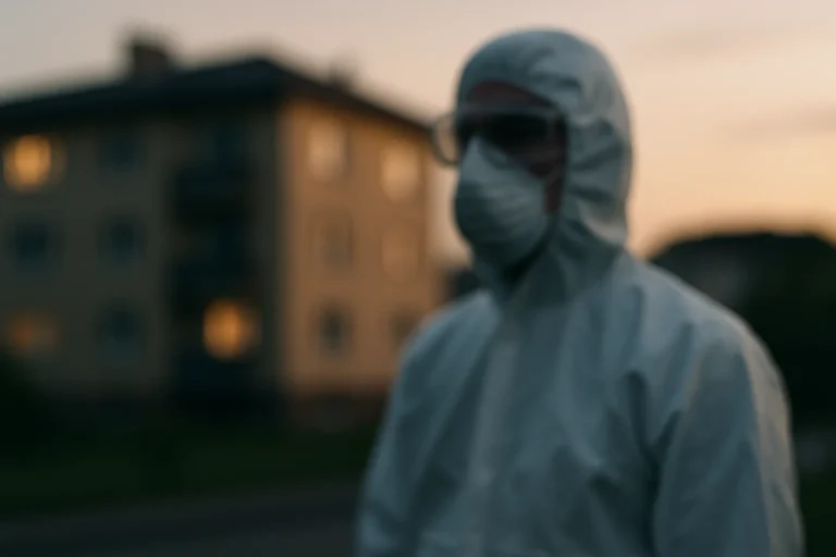 Silhouette floue d'un technicien en protection devant un bâtiment résidentiel