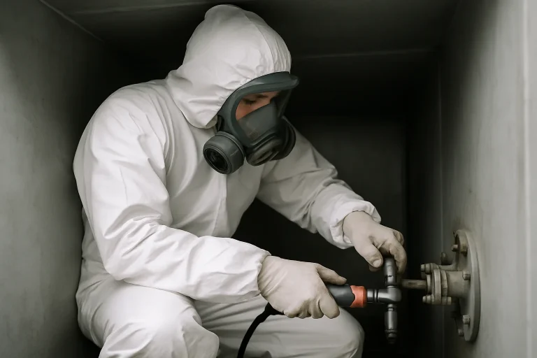 Technicien en tenue de protection dans un espace confiné, utilisant des outils spécialisés