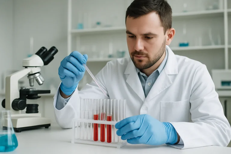 Technicien en laboratoire effectuant des tests avec des tubes à essai, lumière neutre.