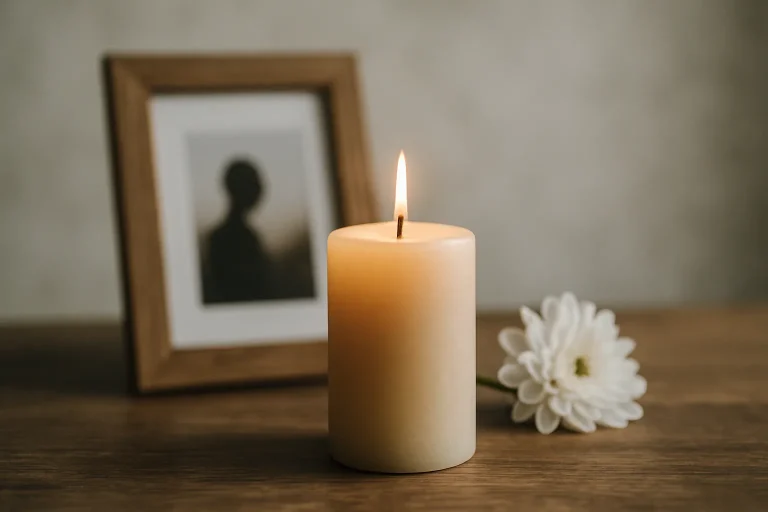 Bougie allumée sur une table en bois, avec une photo et une fleur blanche en arrière-plan flou