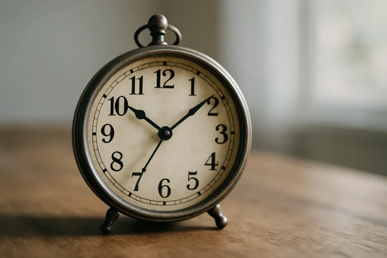Gros plan d'une horloge ancienne posée sur une table en bois, accent sur les aiguilles