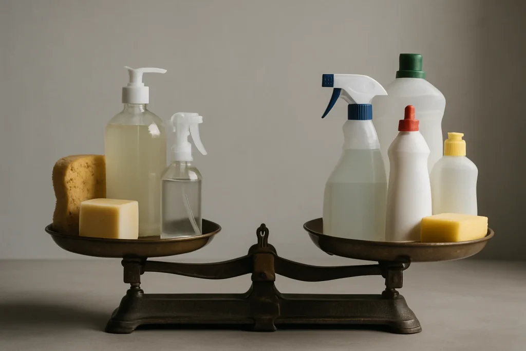 Balance avec produits de nettoyage écologiques et chimiques, fond uni