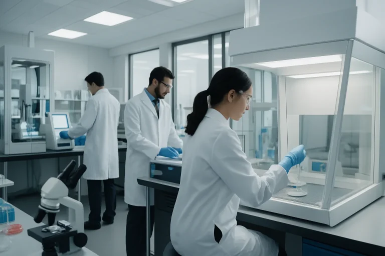 Chercheurs en blouse blanche dans un laboratoire avec équipements de bio-nettoyage