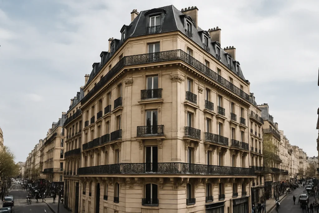 Façade d'un immeuble haussmannien à Paris, rue animée, lumière du jour
