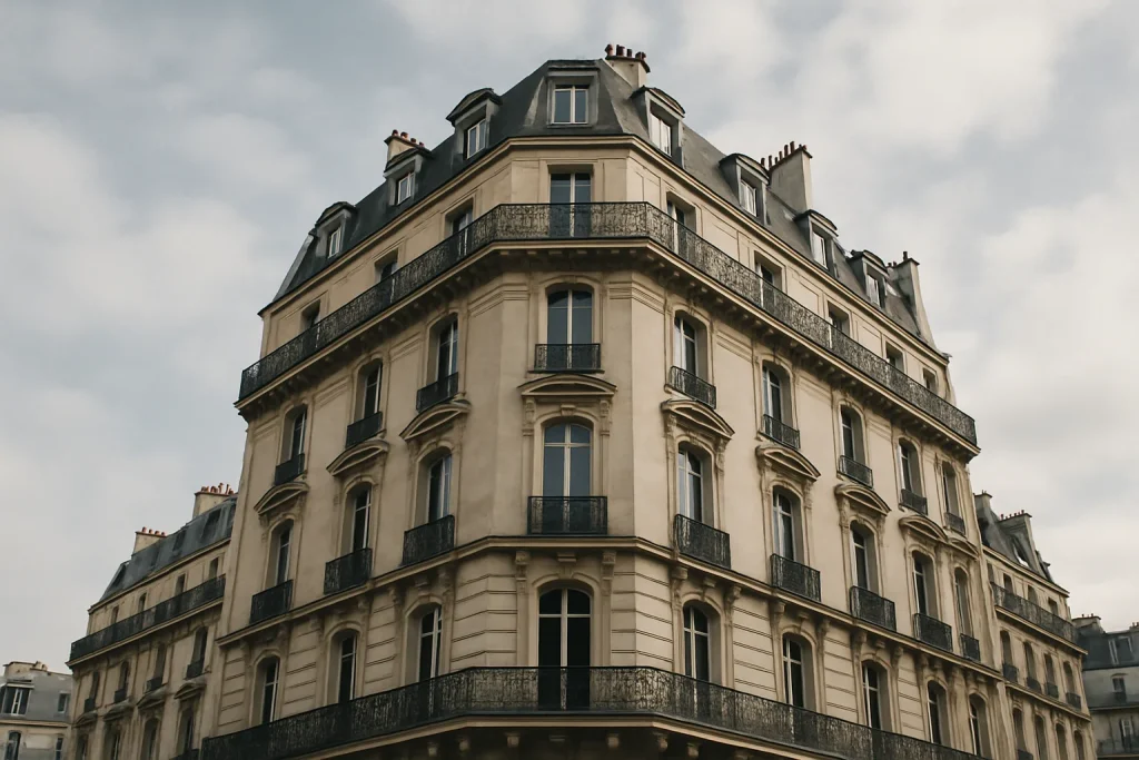 Façade d'un immeuble haussmannien à Paris, ciel nuageux, angle en contre-plongée