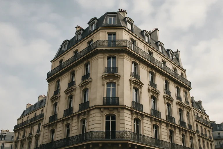 Façade d'un immeuble haussmannien à Paris, ciel nuageux, angle en contre-plongée