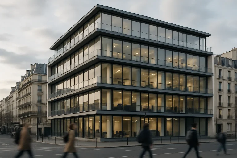 Vue d'extérieur d'un immeuble moderne à Paris, ambiance urbaine