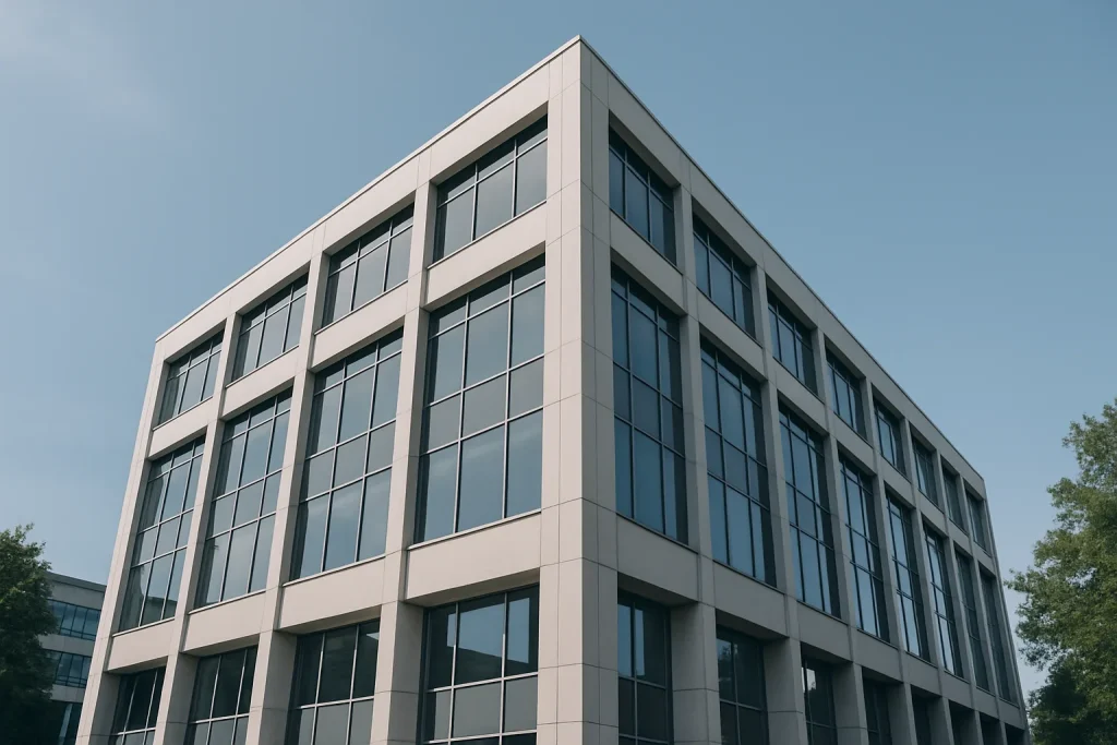 Bâtiment administratif moderne sous un ciel bleu, arbres en arrière-plan