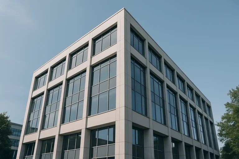 Bâtiment administratif moderne sous un ciel bleu, arbres en arrière-plan