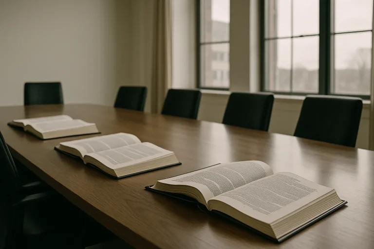 Salle de réunion vide avec dossiers juridiques ouverts sur une table sous une lumière douce