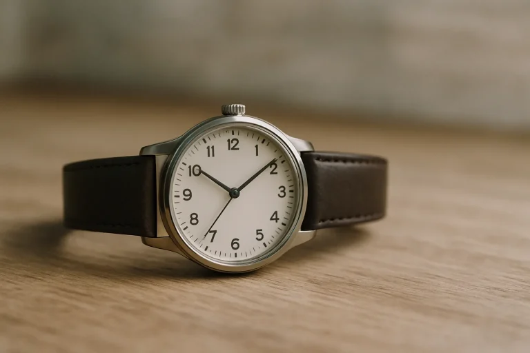 Gros plan d'une montre-bracelet sur une table en bois, lumière naturelle douce