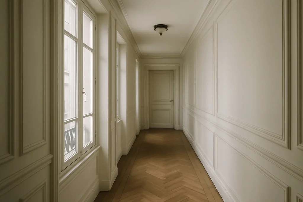 Couloir d'un immeuble parisien avec lumière douce et moulures murales