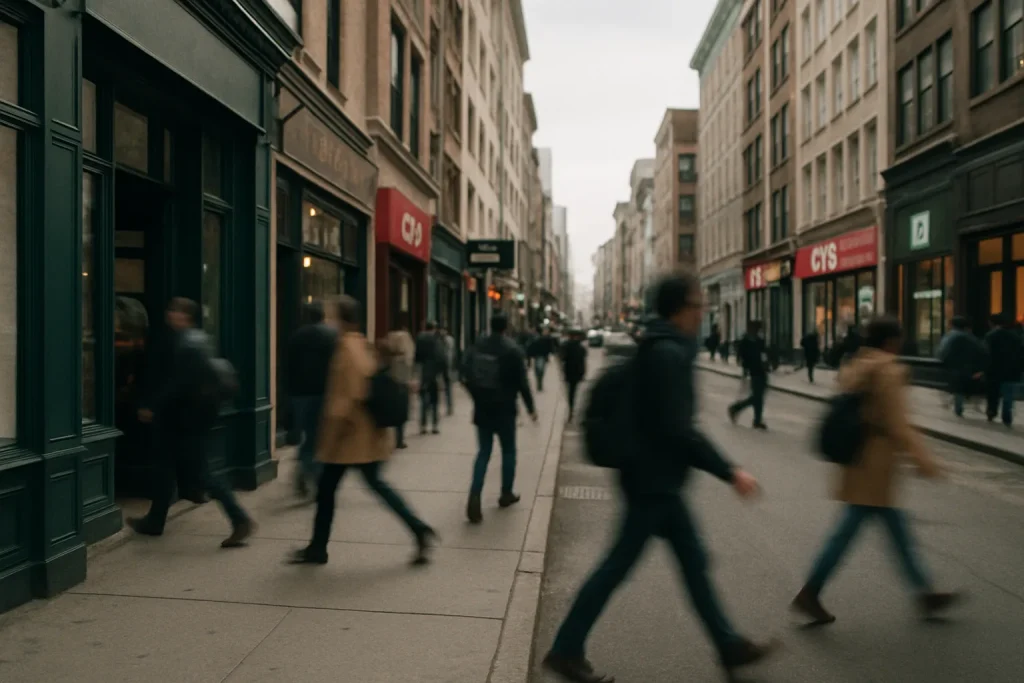 Rue de ville avec piétons flous et enseignes d'entreprises visibles