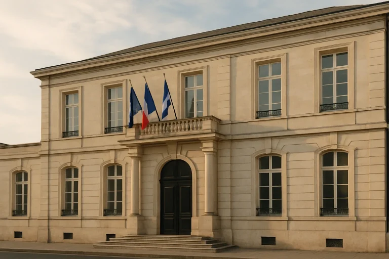 Façade d'un bâtiment administratif français avec drapeaux et lumière matinale